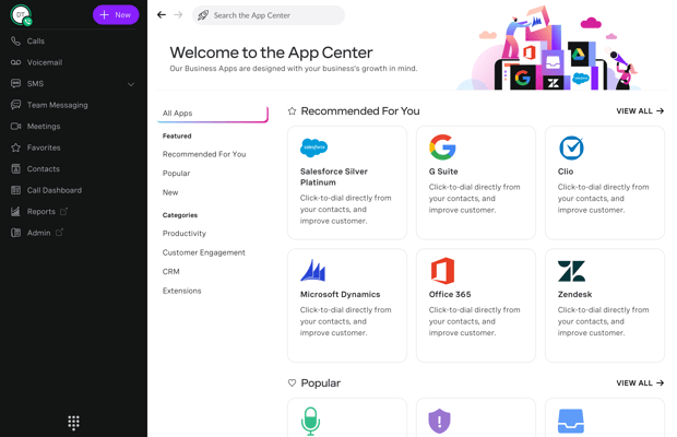 App Center Screen grab of Unified Communications App Center showing possible integrations and connections.